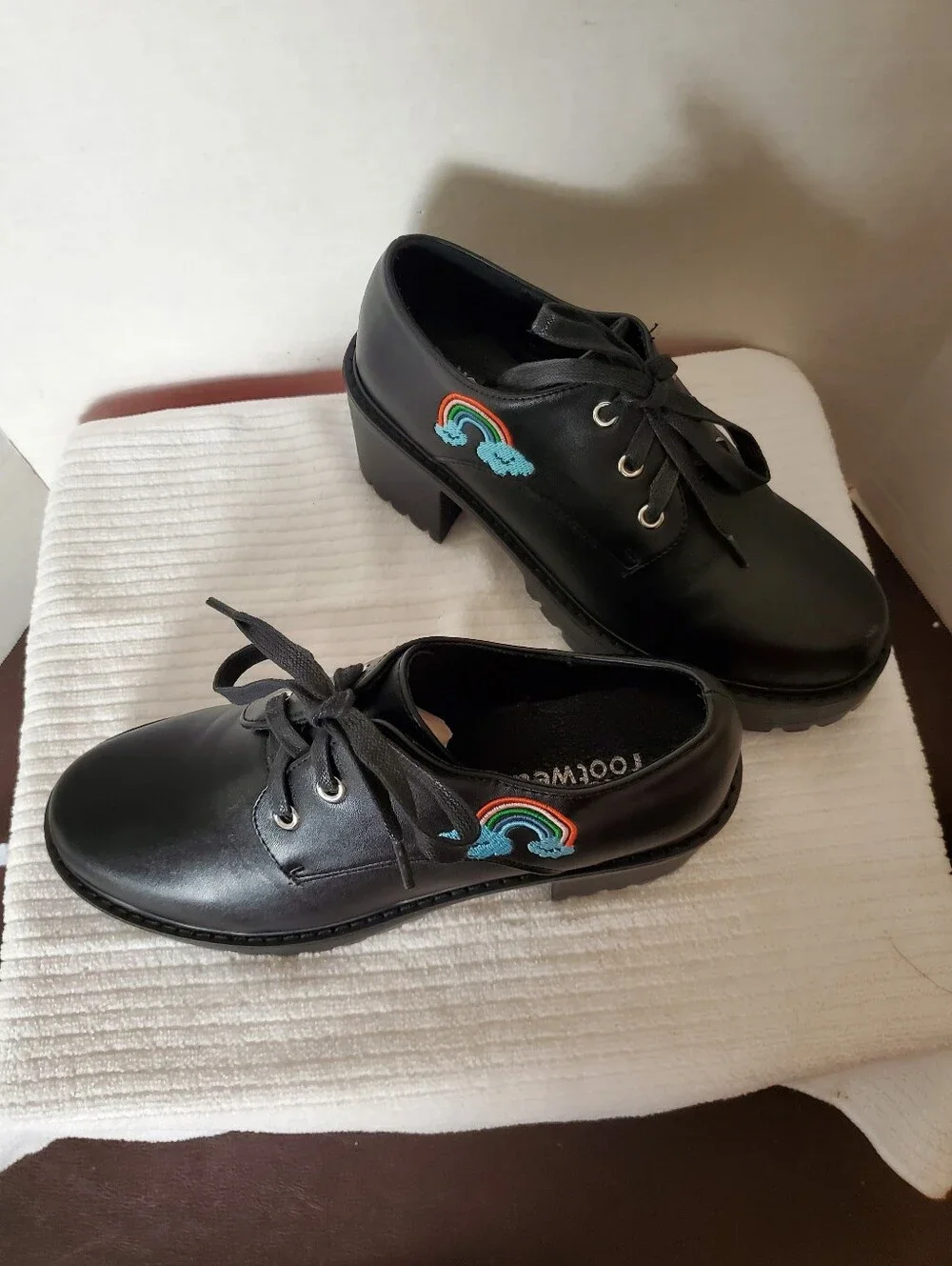 Like New KOI Footwear Black Platform Lace-Up Maryjanes Shoes with Rainbow Patch